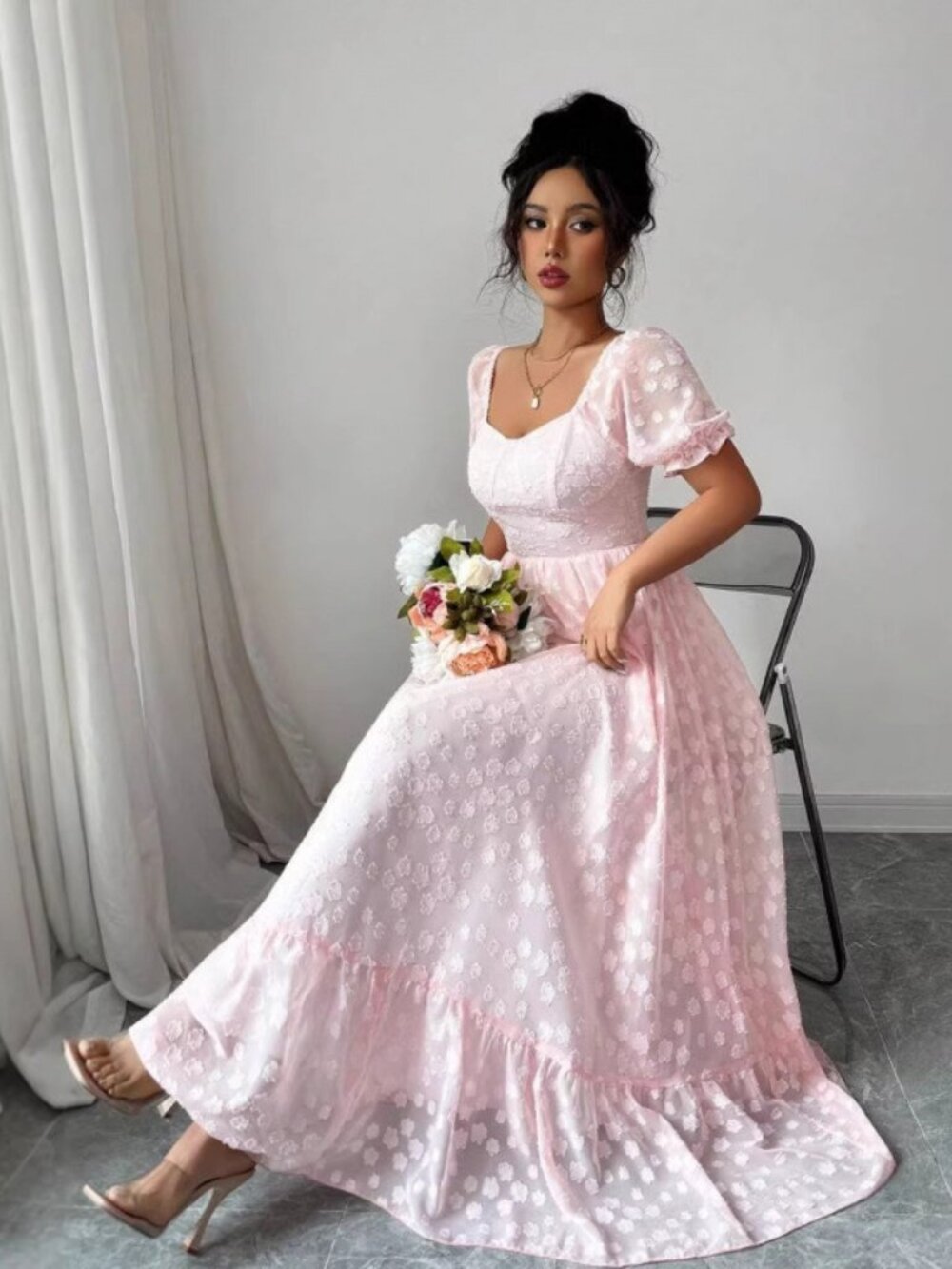 Women's Solid Color Waist-Cinching Jacquard Maxi Dress